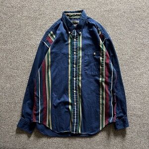 VTG 90s Vertical Stripe Navy Button Up Shirt Men M Retro Cosby Style Elbow Patch